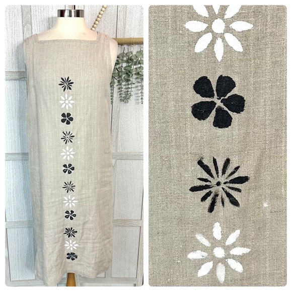 Vintage Eileen Fisher Midi Dress Beige 100% Linen Black Wht Flower Sleeveless M - Picture 1 of 9